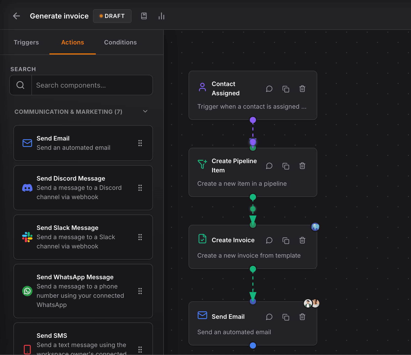 NinjaPipe workflow actions, email, tasks, pipeline updates