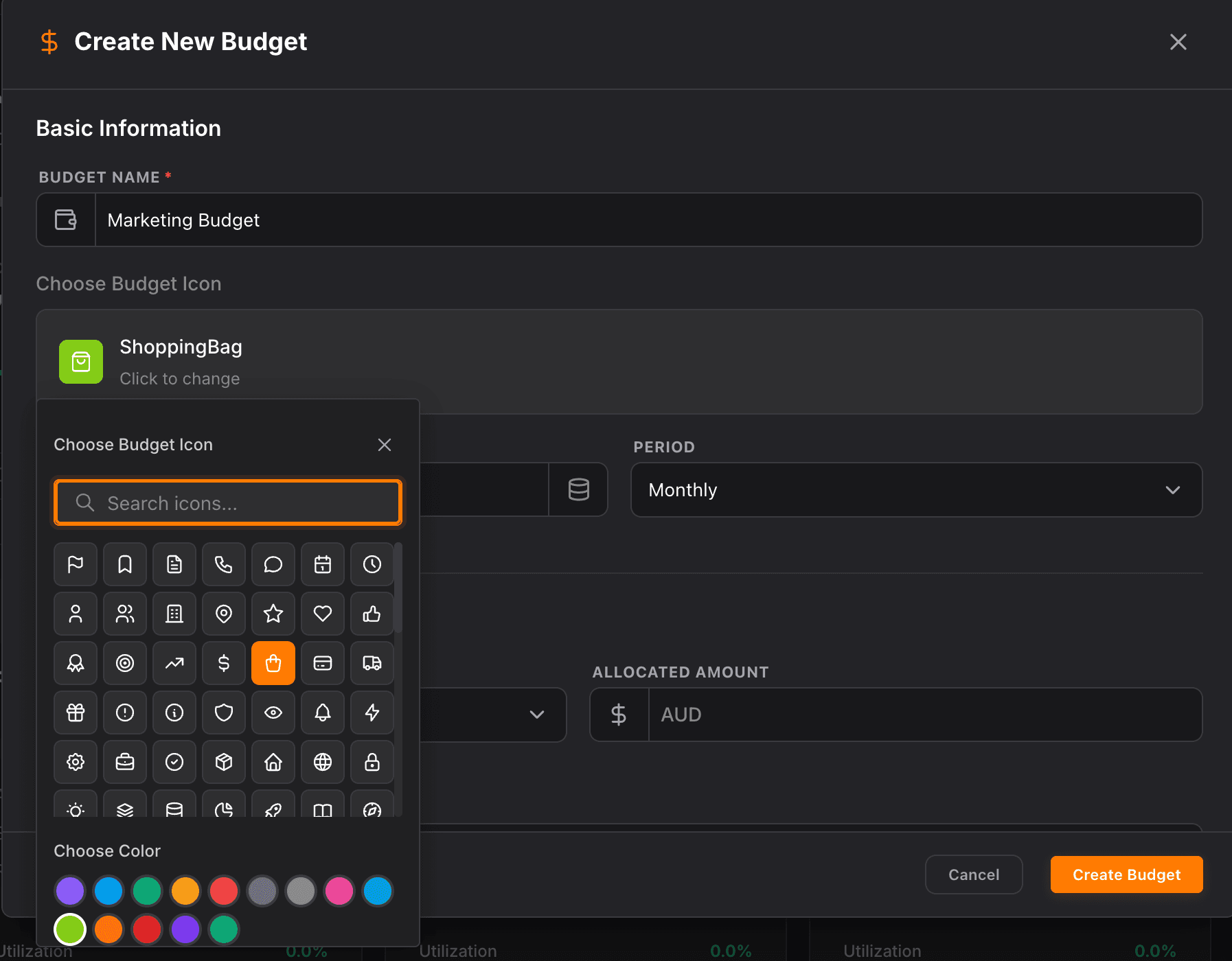 NinjaPipe budgets, cards with category, period, and progress