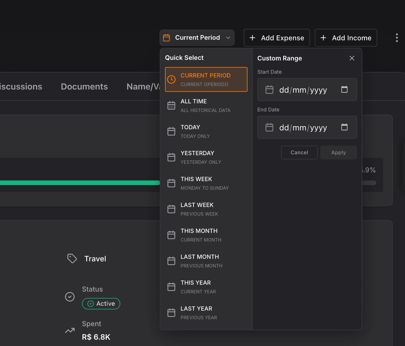 NinjaPipe budgets, period and category filters