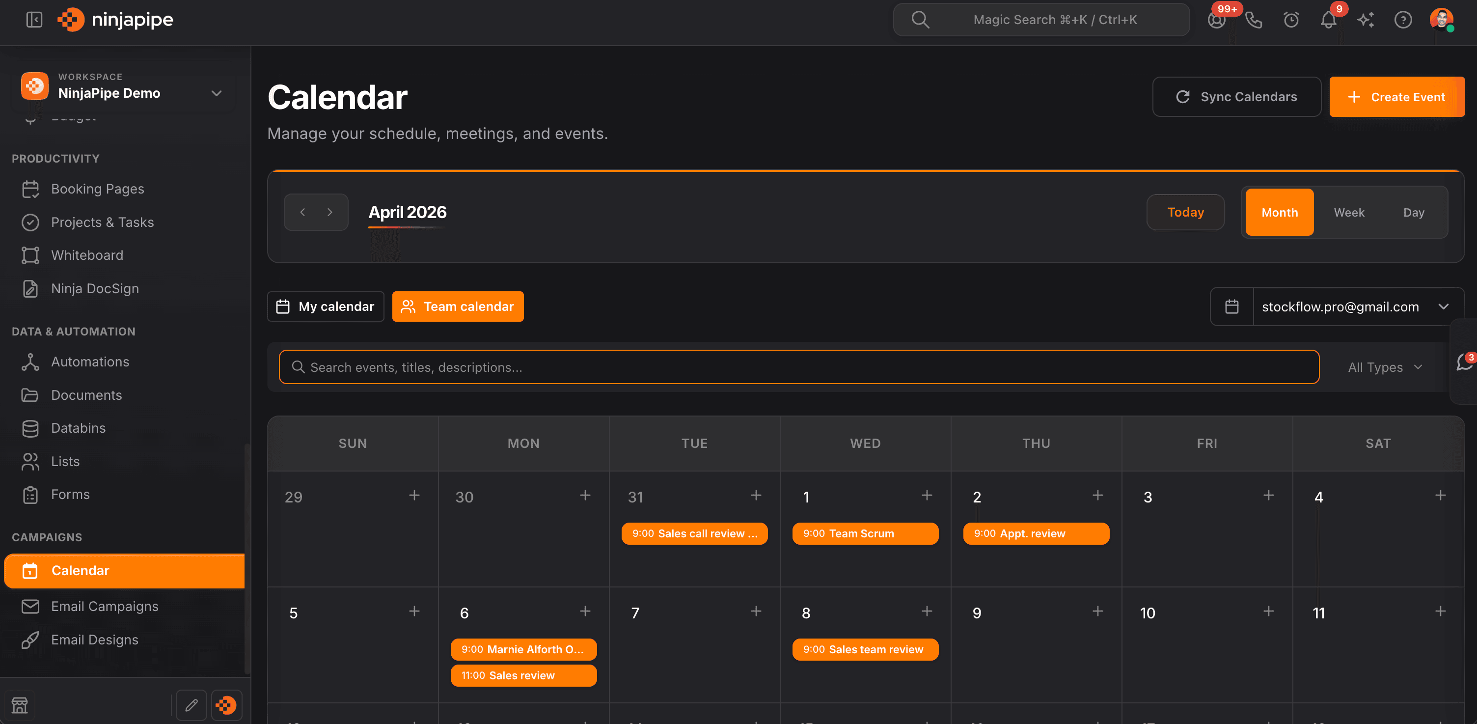 NinjaPipe Calendar, month, week, and day views