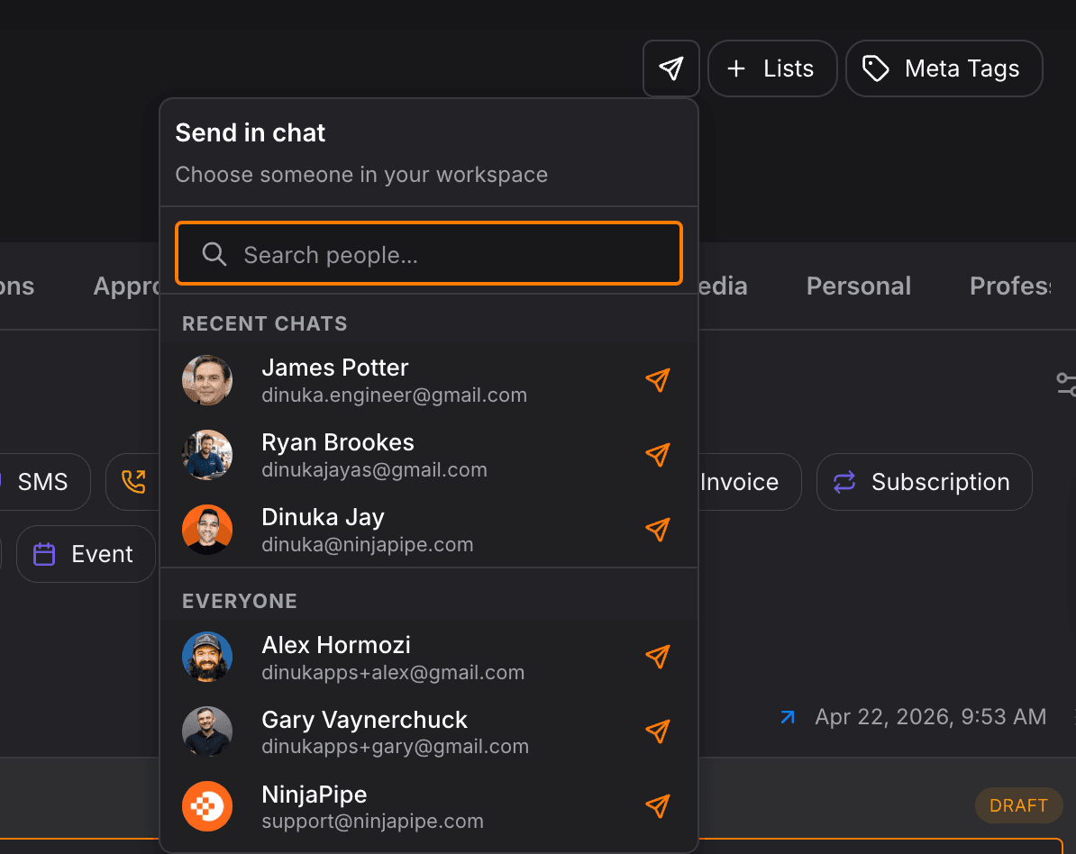 NinjaPipe deal thread, chat with pipeline and contact context