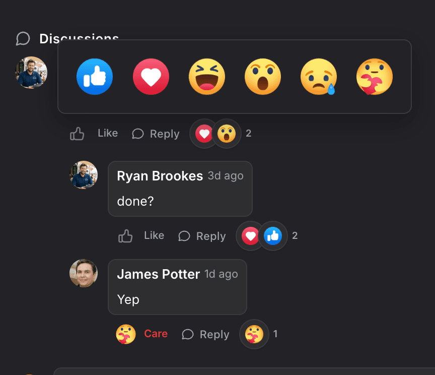 NinjaPipe chat message reactions, quick emoji responses on threads