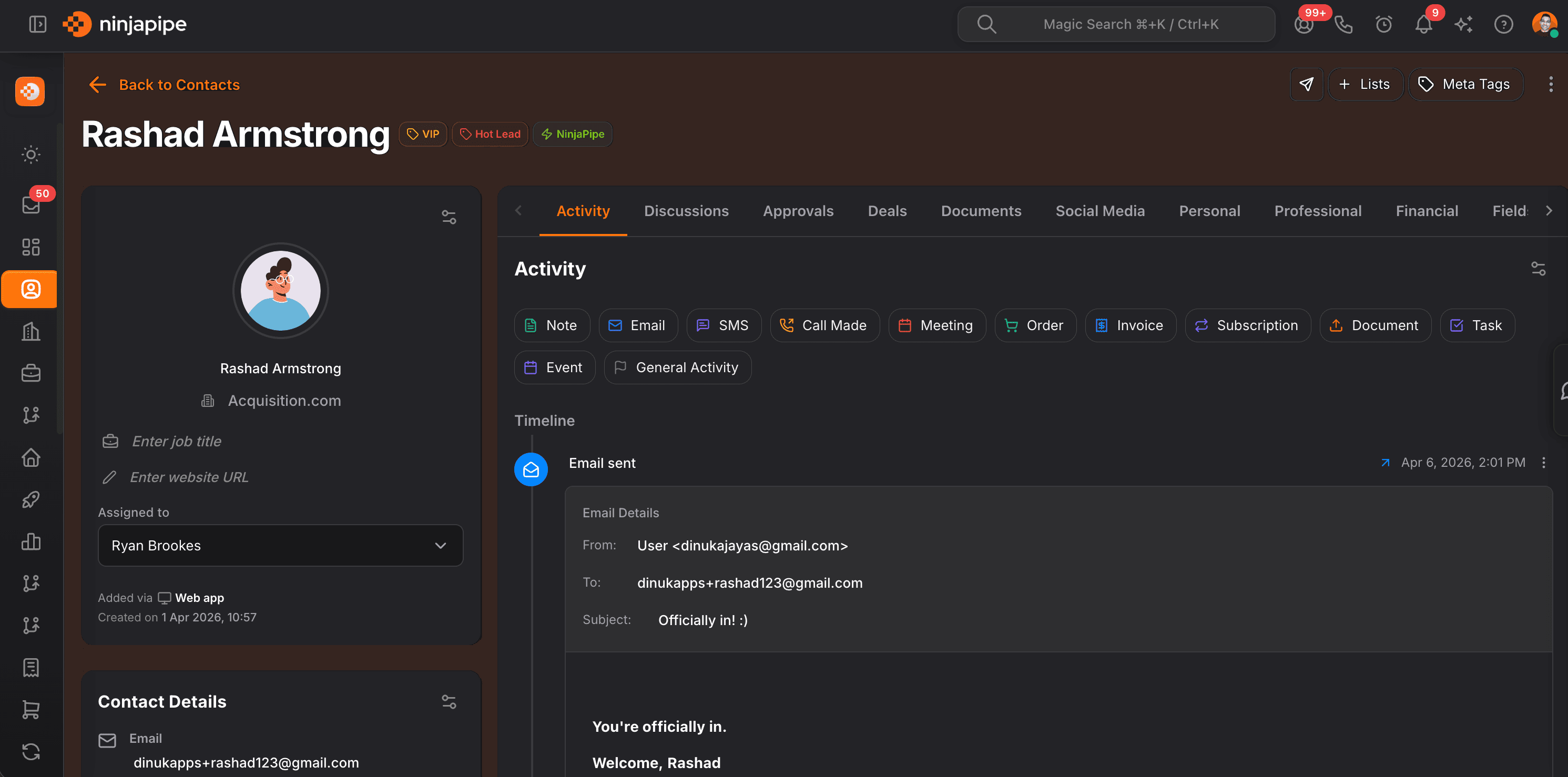 NinjaPipe contact profile for coaching client notes