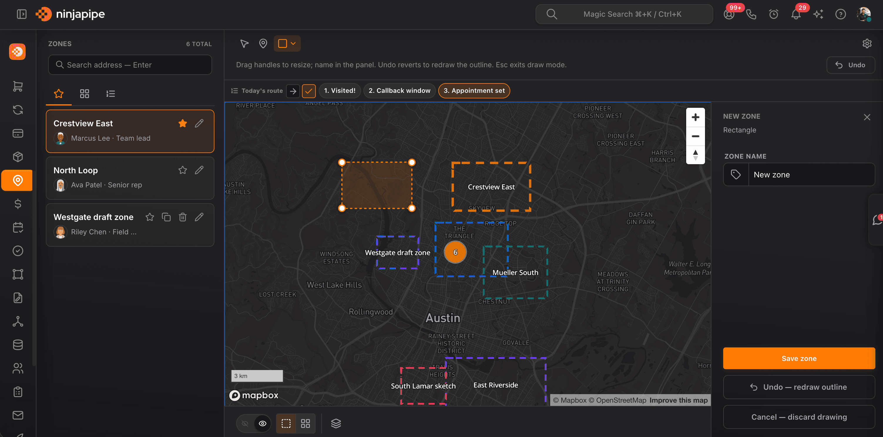 NinjaPipe Territories: map with drawn zones and workspace coverage