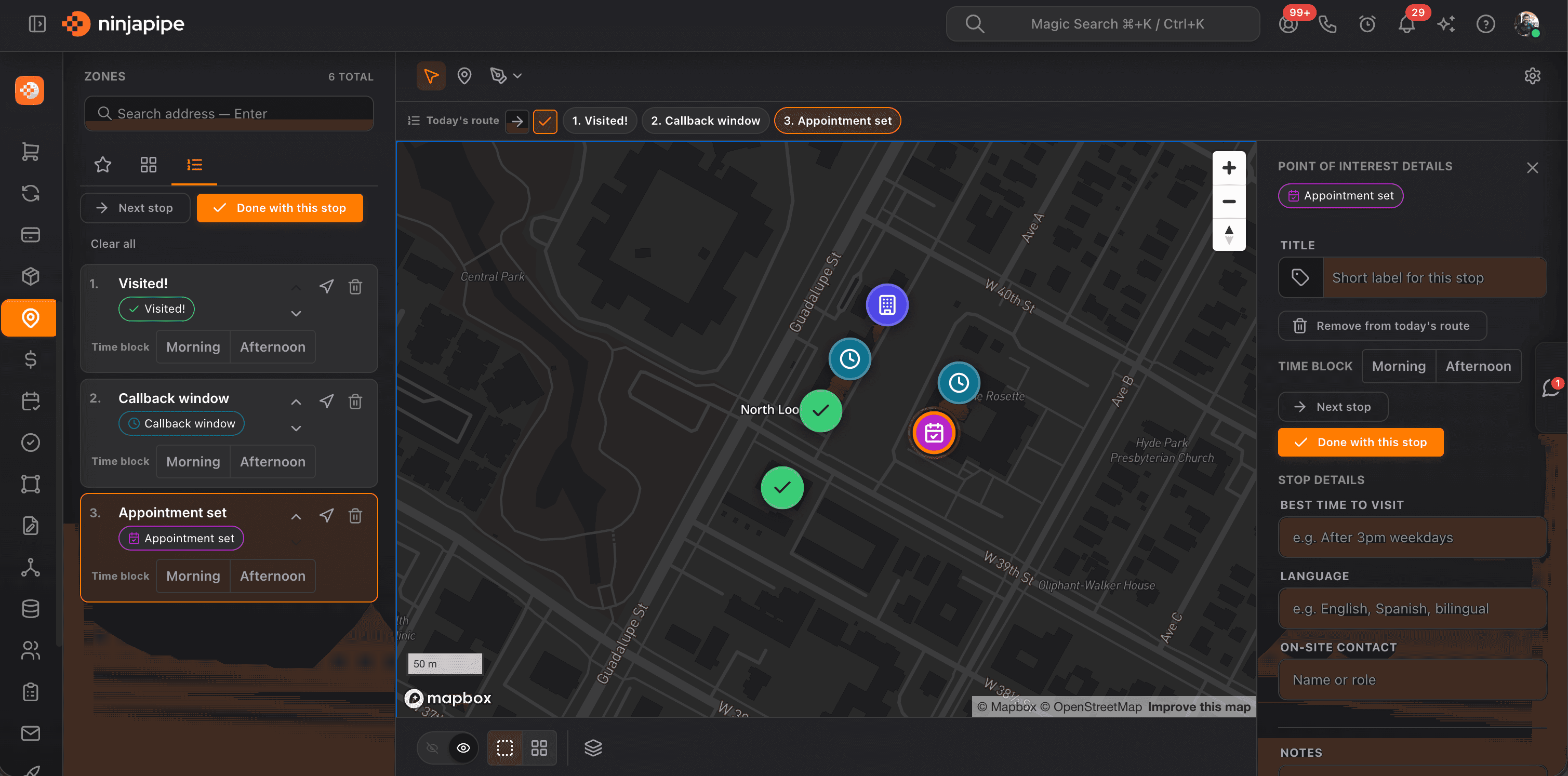 NinjaPipe Territories: point of interest details, notes, and CRM links