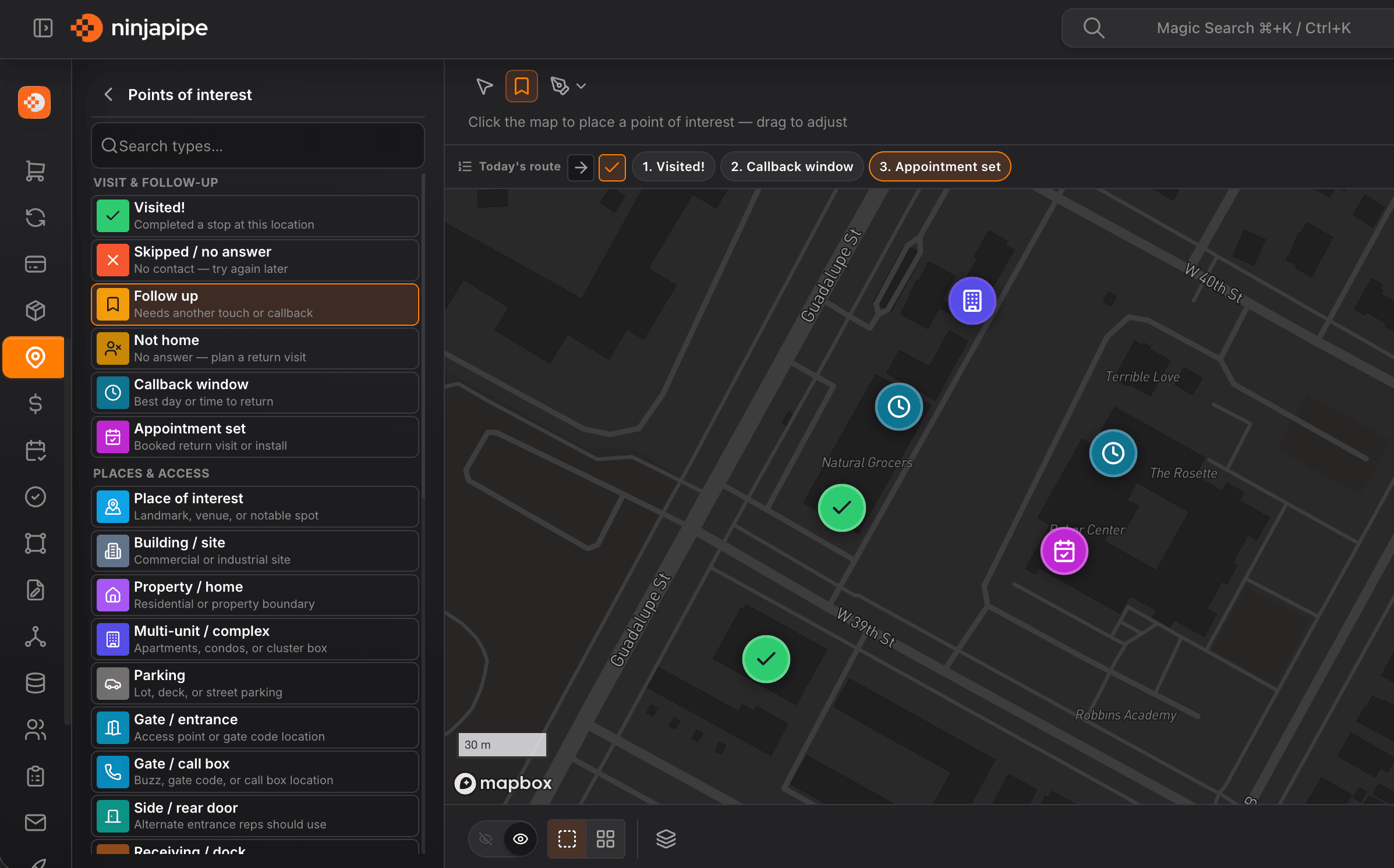 NinjaPipe Territories: today's route with ordered stops