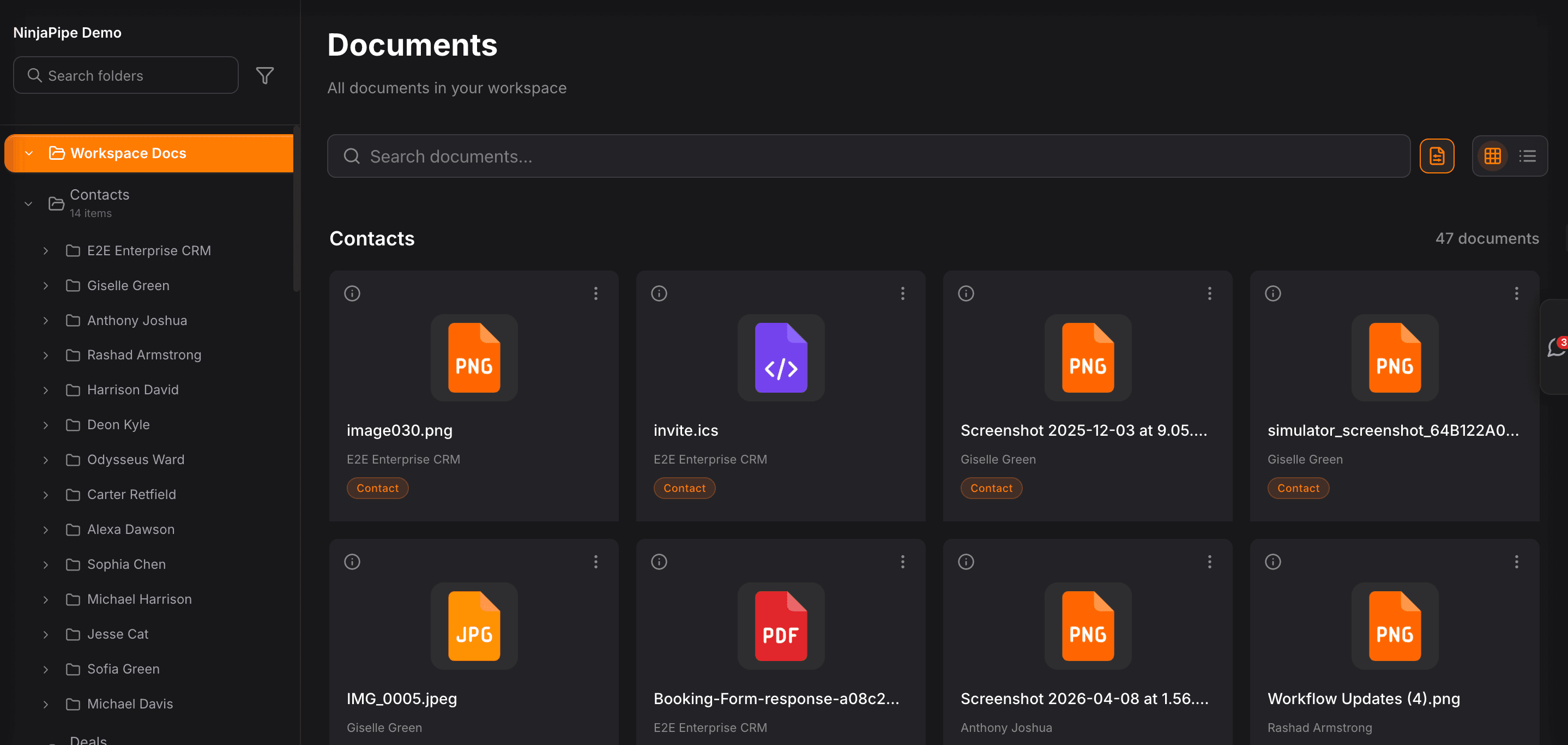 NinjaPipe Documents, files grouped by category across the workspace