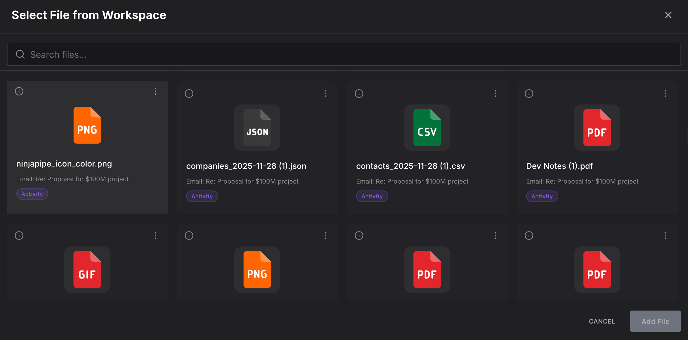 NinjaPipe Documents, search and file-type filters