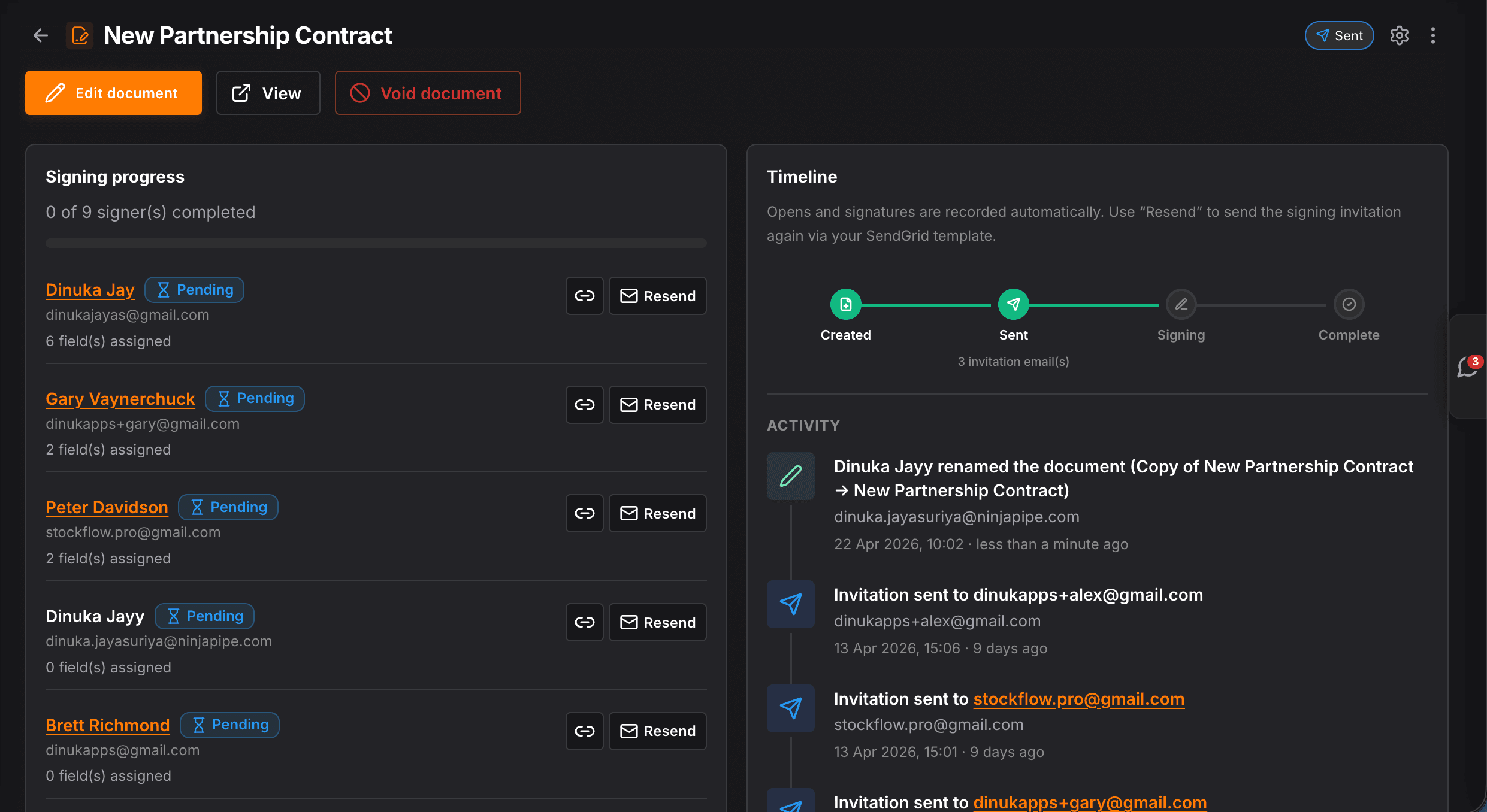 Ninja DocSign, status and signer progress in the list