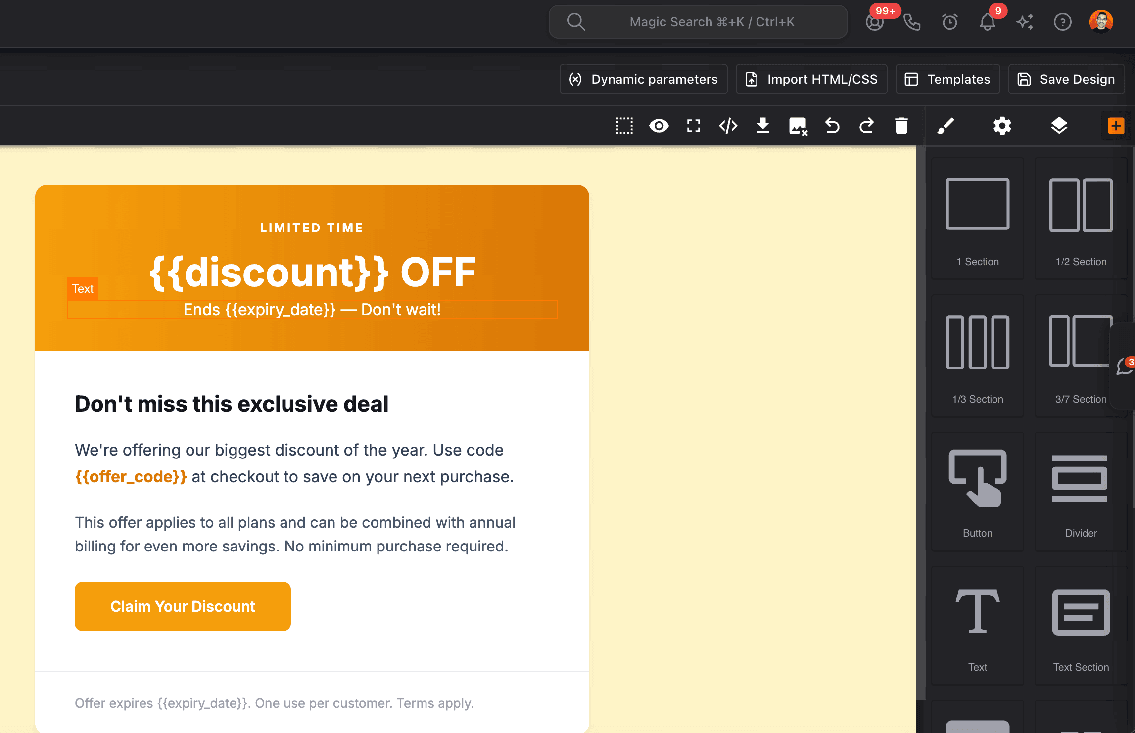 NinjaPipe email designer, visual layout and editing