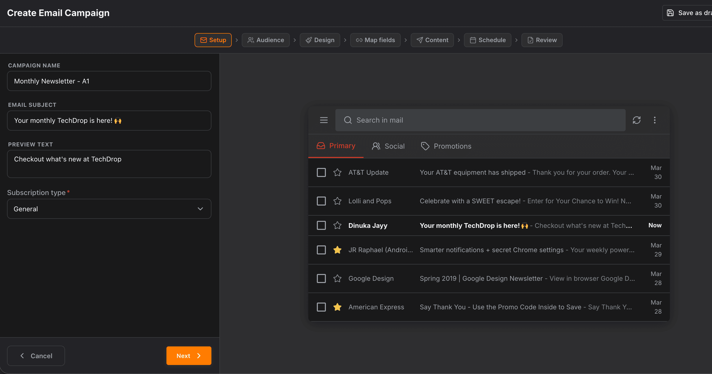 NinjaPipe email campaigns, list and create flow