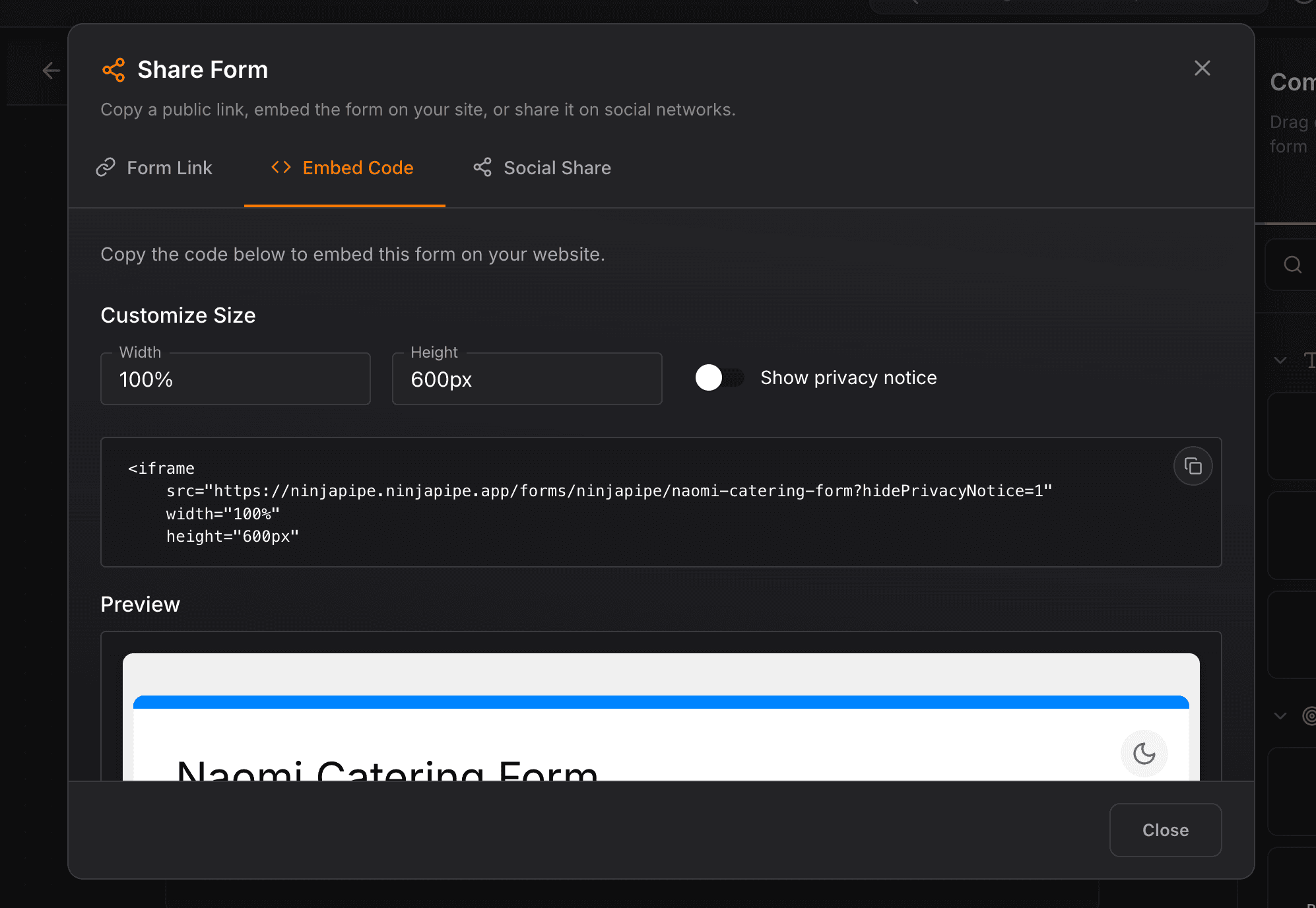 NinjaPipe form, share, publish, and SEO settings