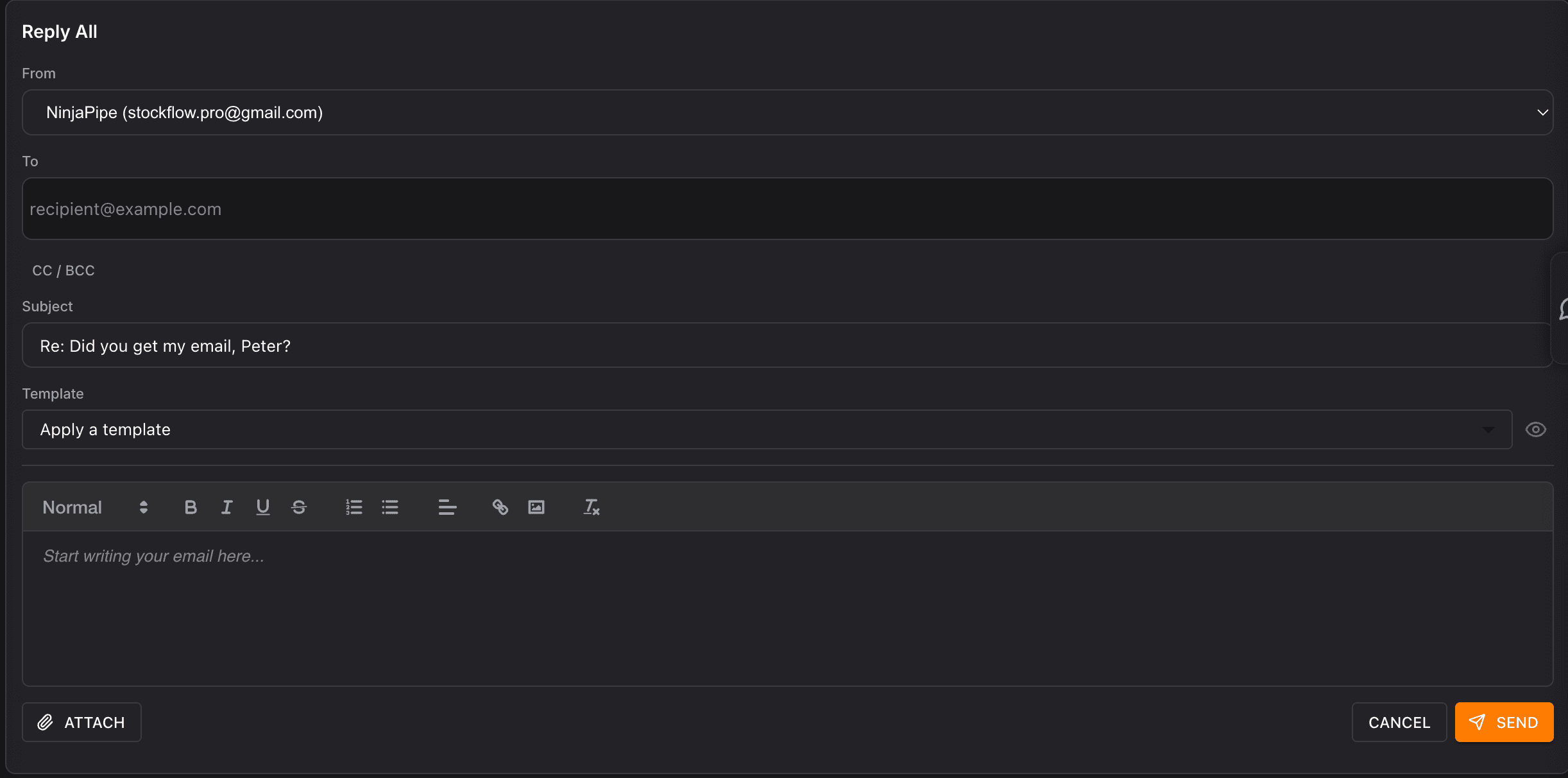 NinjaPipe inbox, combined list of email and messaging threads