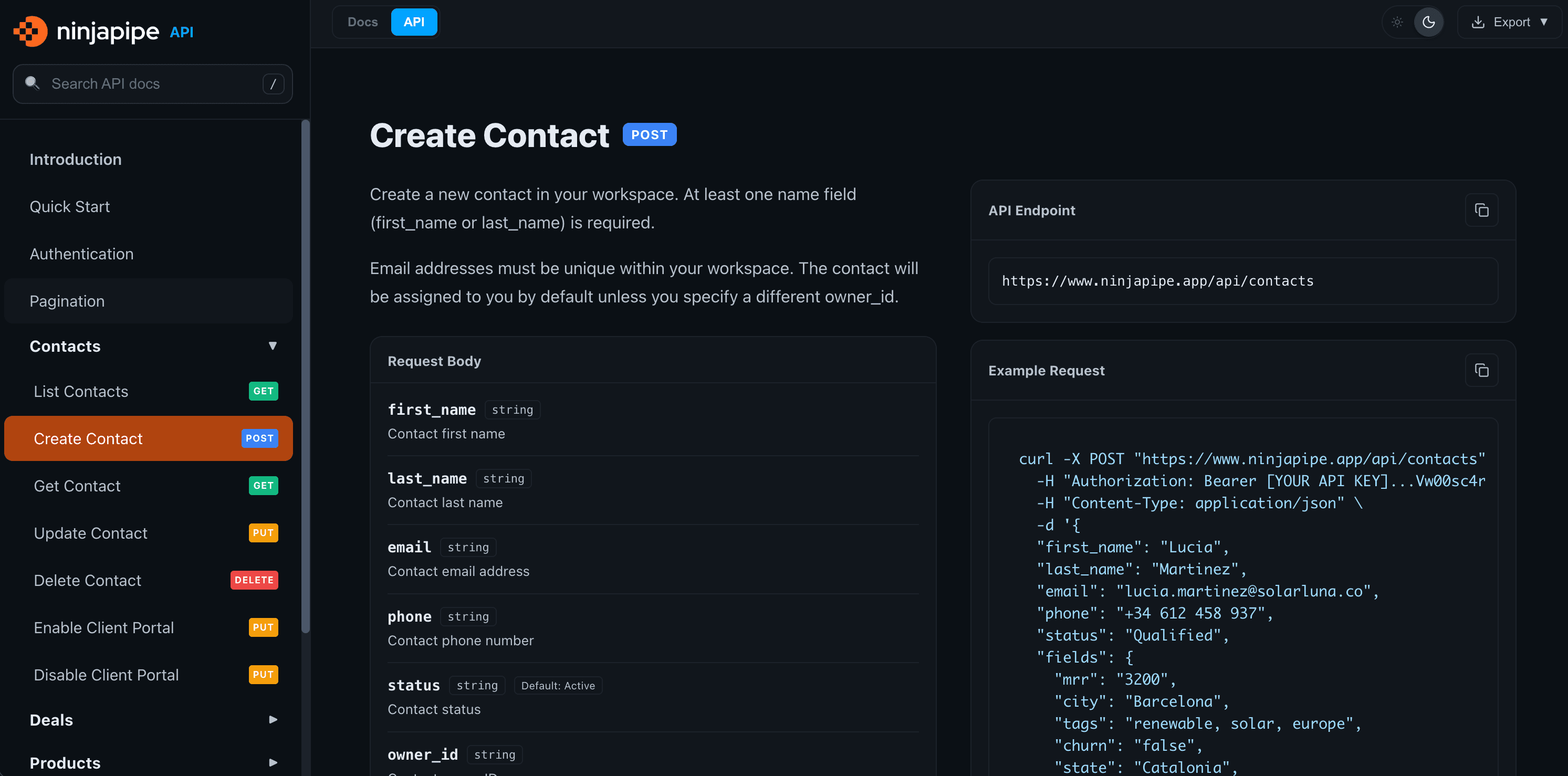 NinjaPipe API, generate and manage workspace API keys
