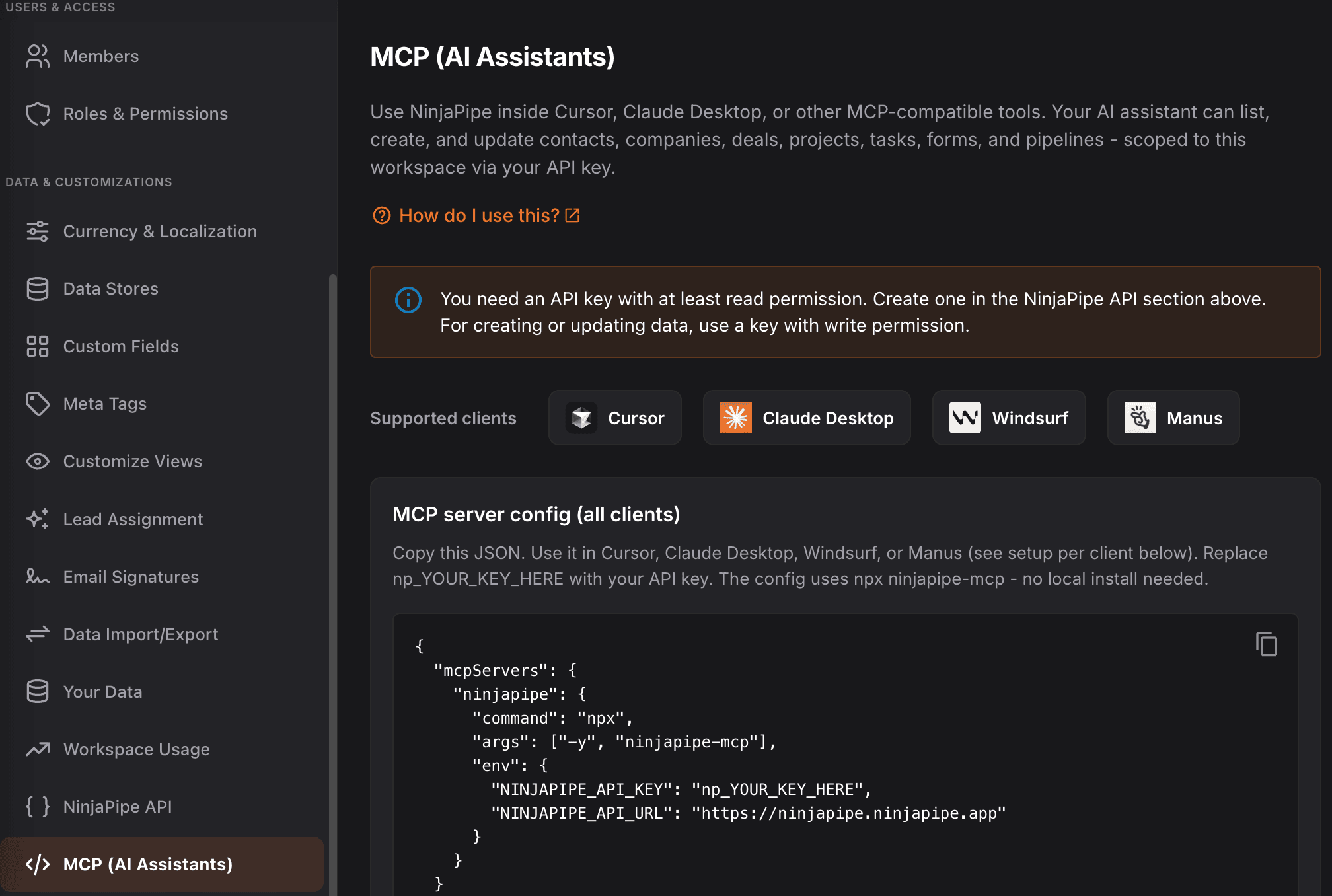 NinjaPipe MCP setup for Cursor and other AI clients
