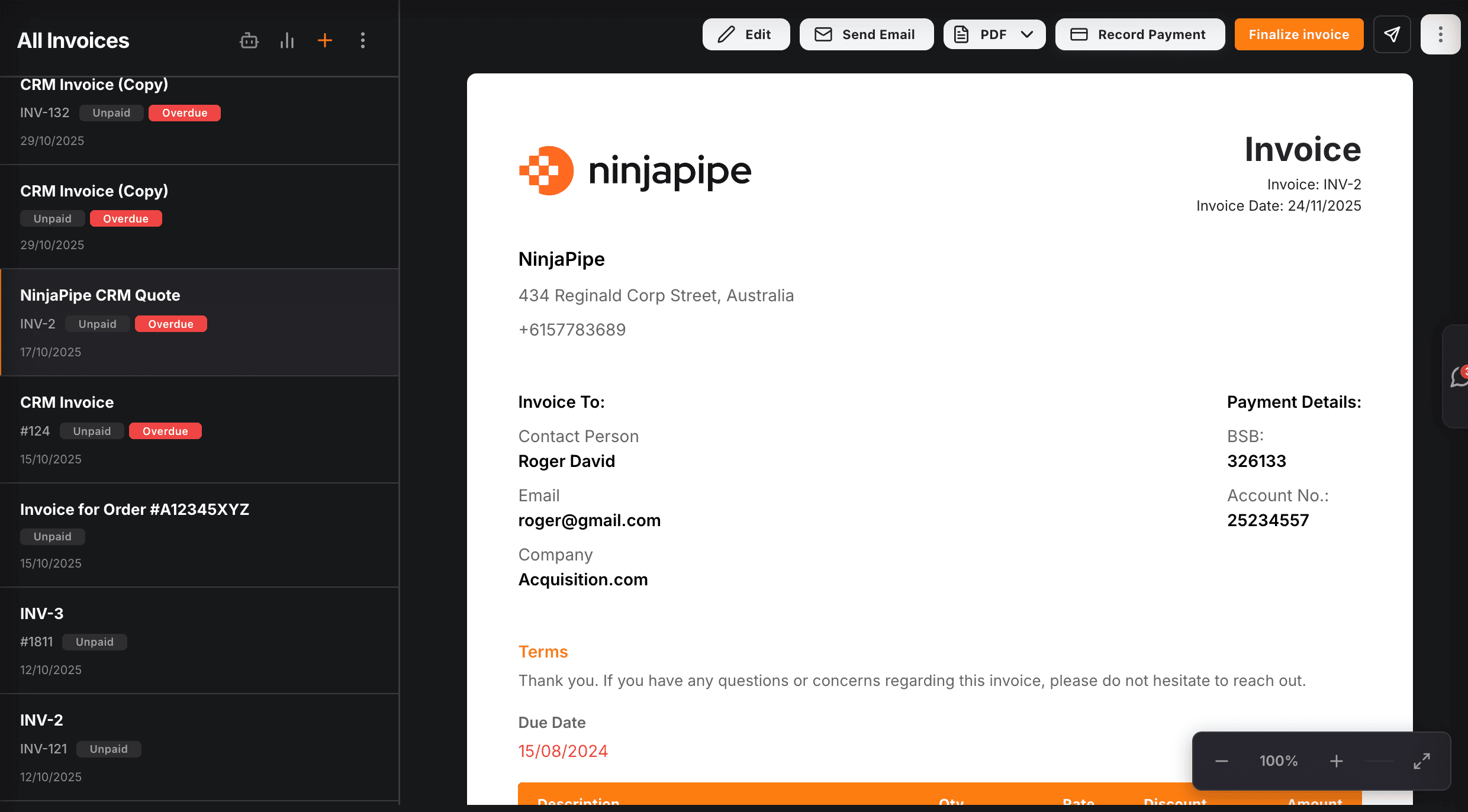 NinjaPipe invoices, list with status and customer context
