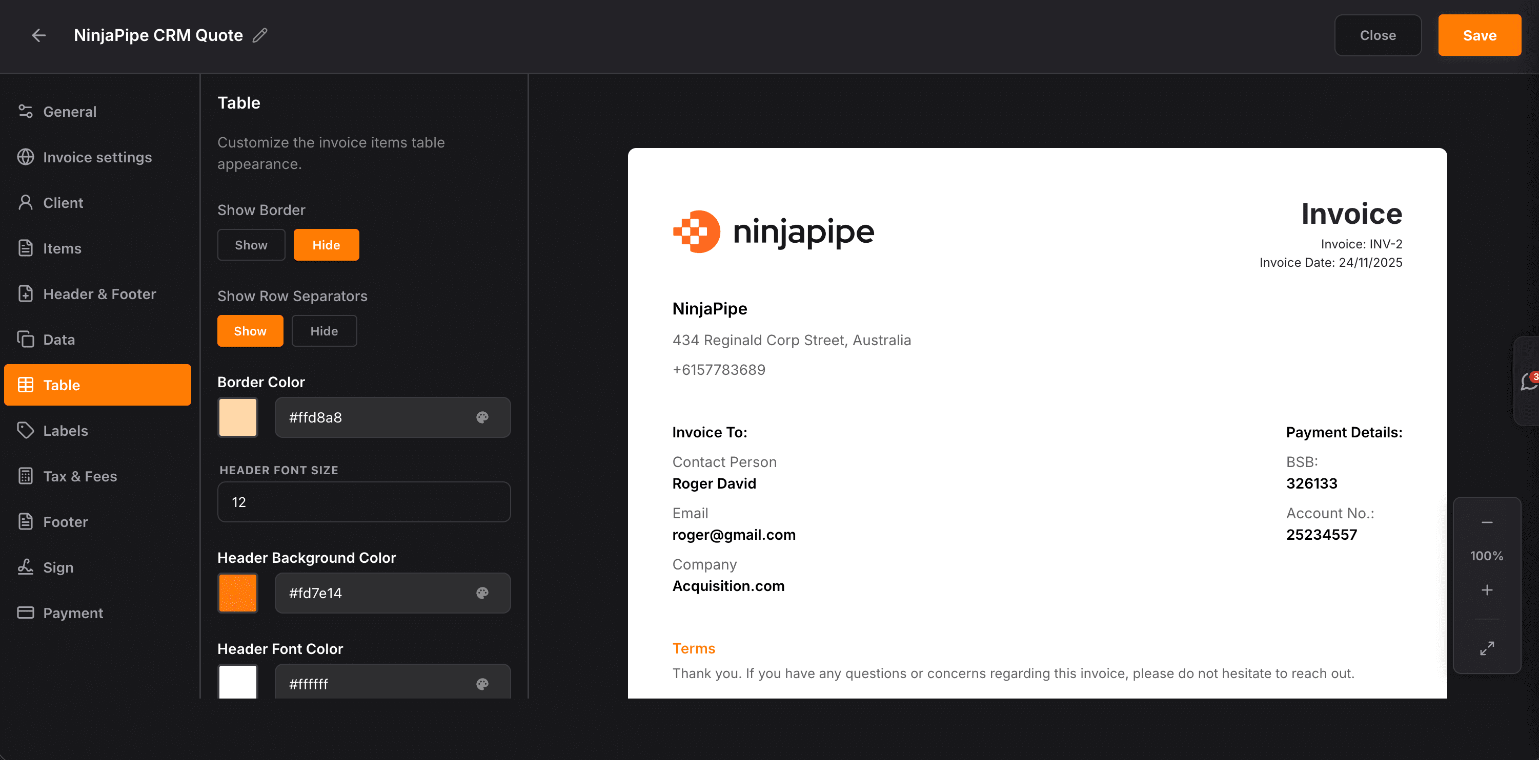 NinjaPipe invoicing for small business