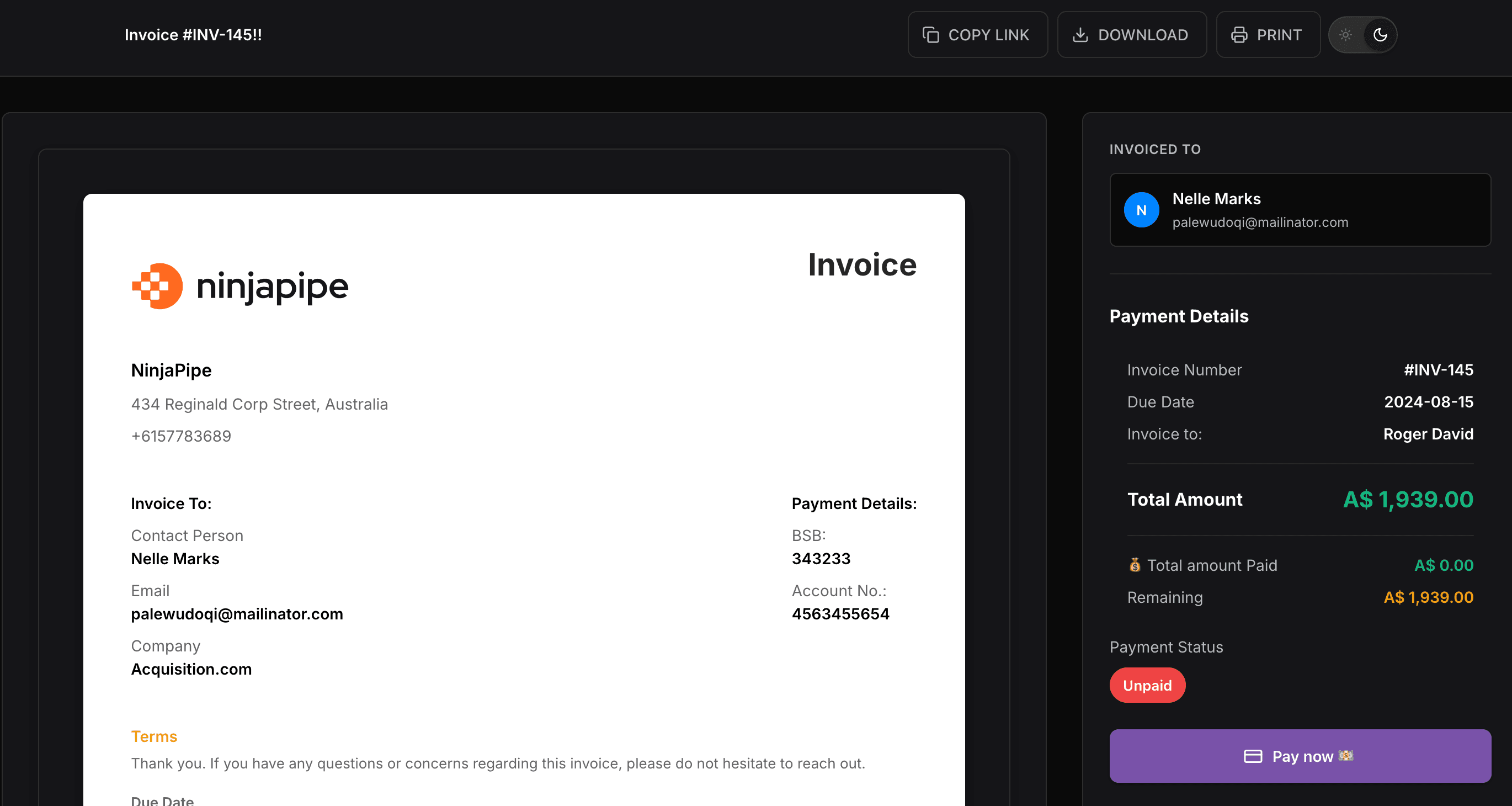 NinjaPipe invoice, payments and share to customer