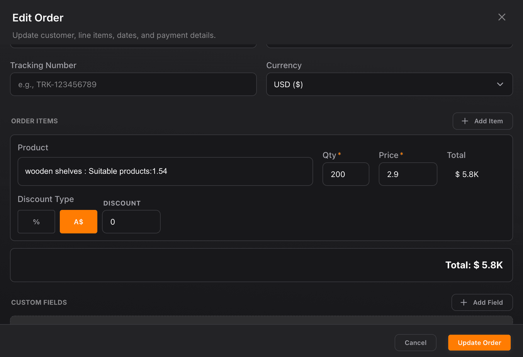 NinjaPipe order row, customer, items, and status