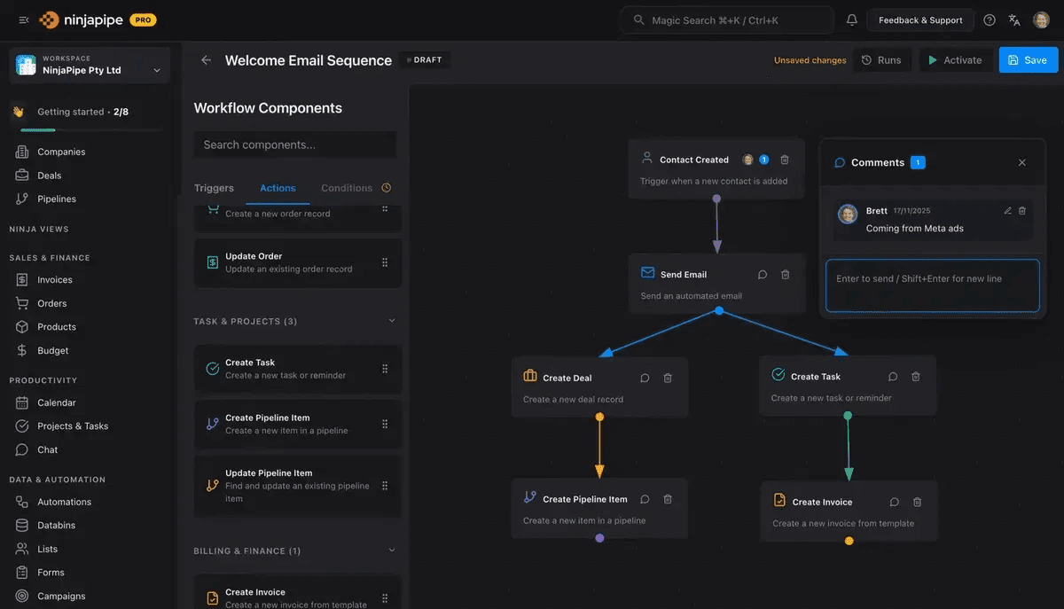 NinjaPipe orders, workflows and automations