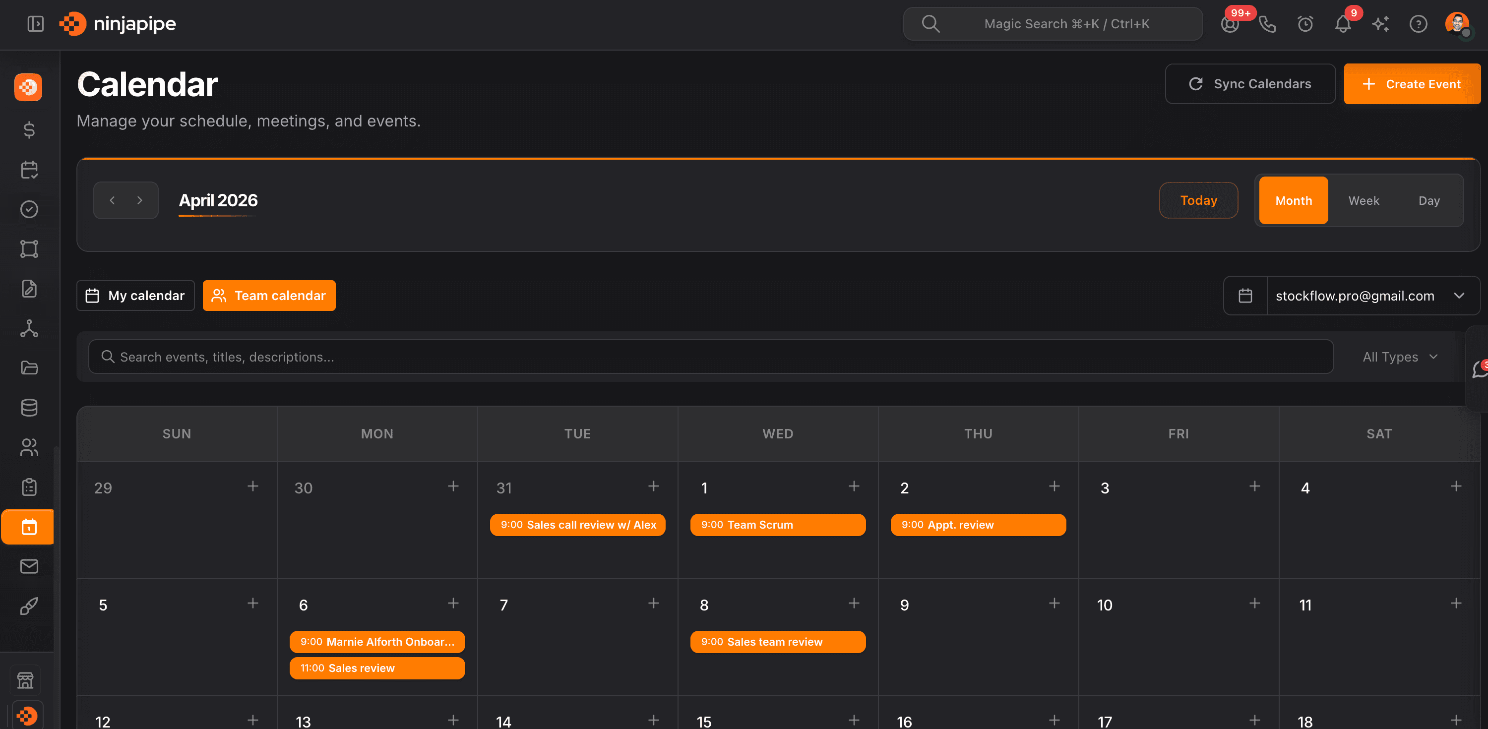 NinjaPipe Calendar, meetings, sync, and CRM-linked events