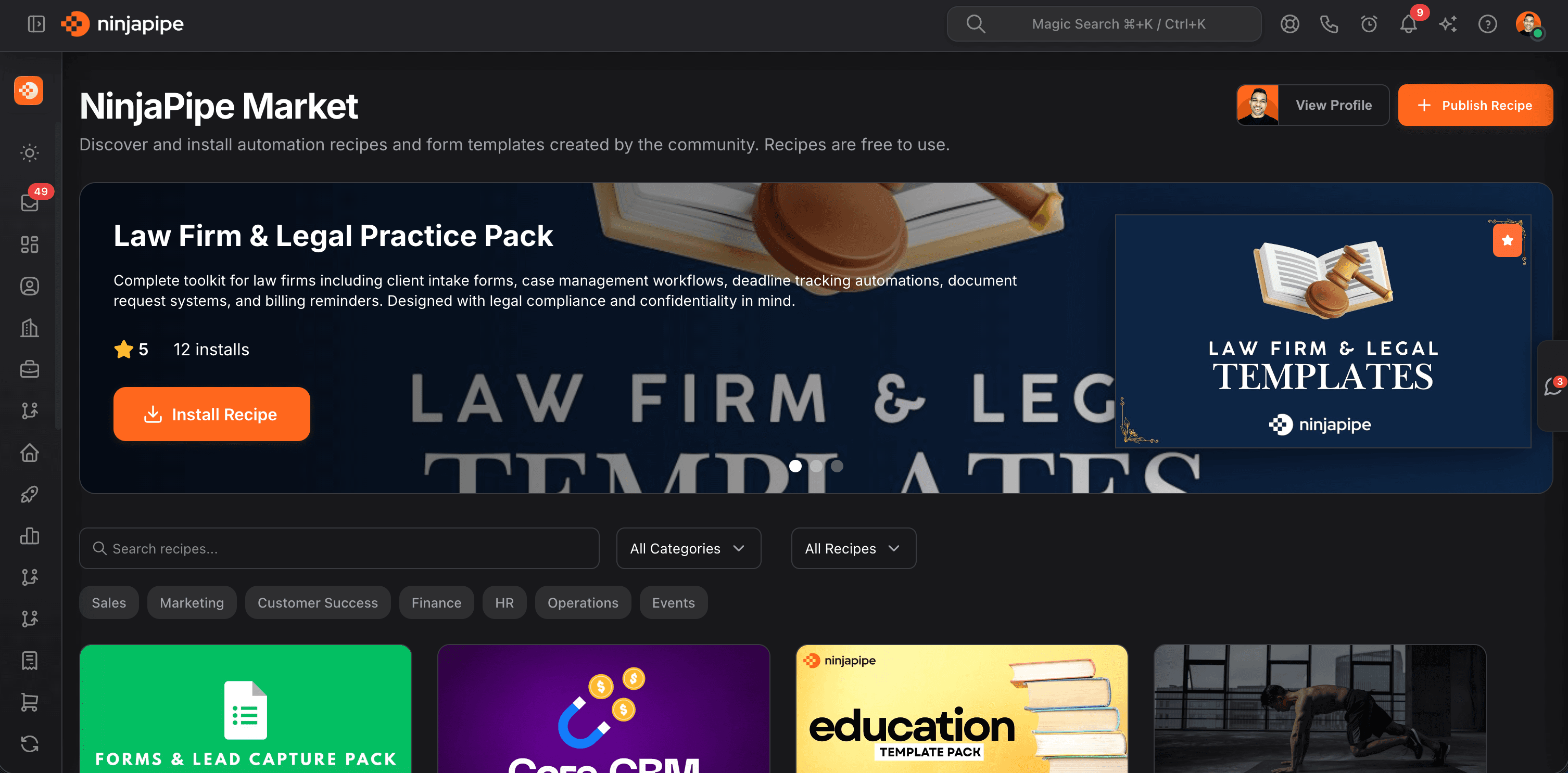 NinjaPipe Market, filters, categories, and recipe types