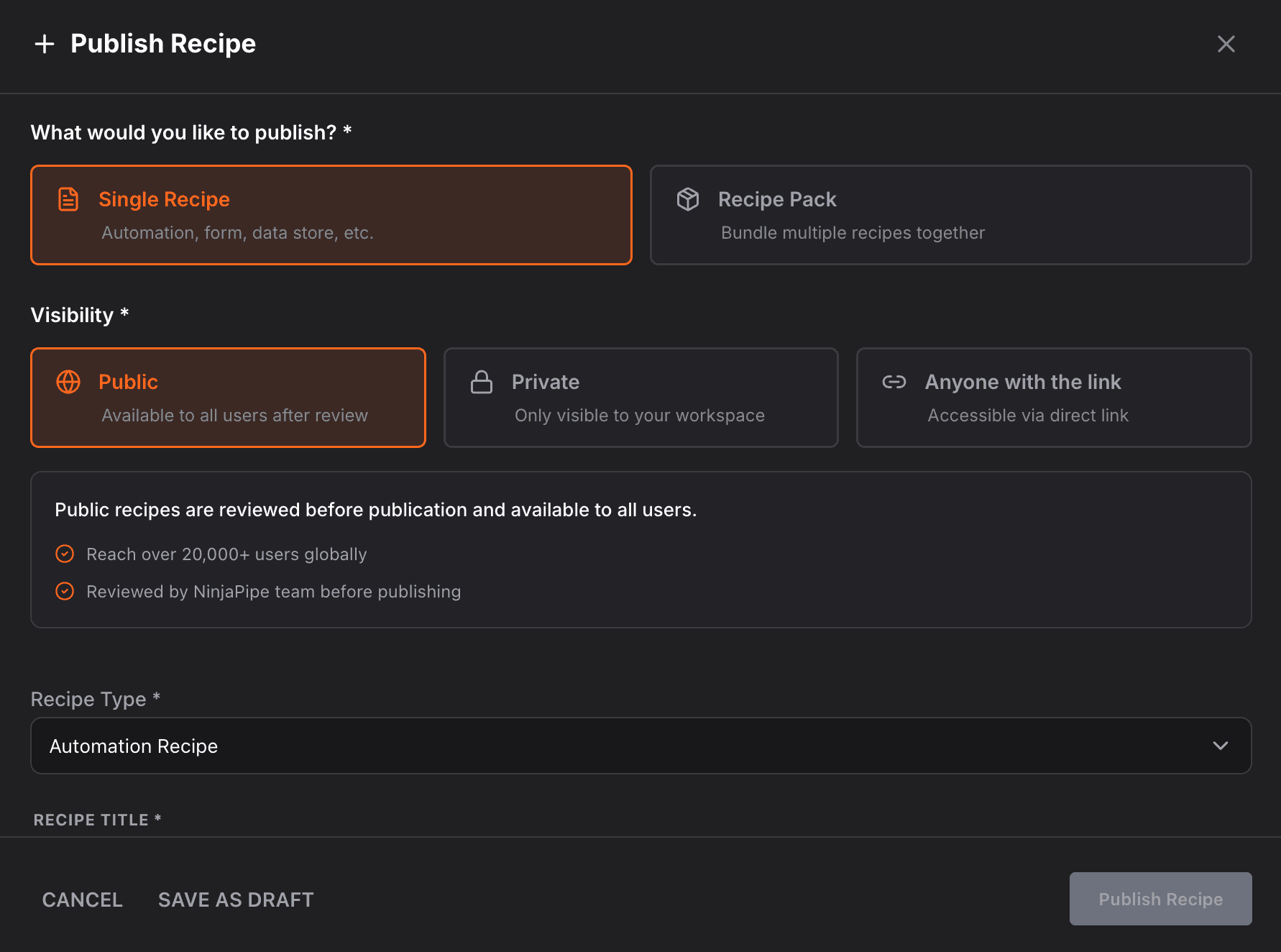 NinjaPipe Market, publish recipes and packs