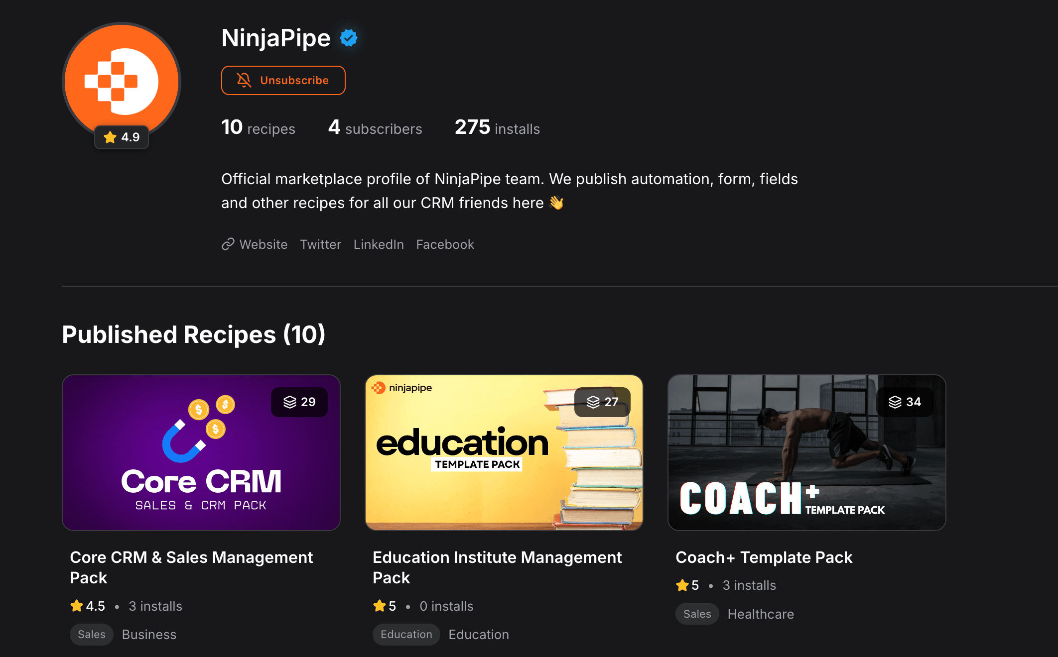 NinjaPipe Market, publishers and verified listings