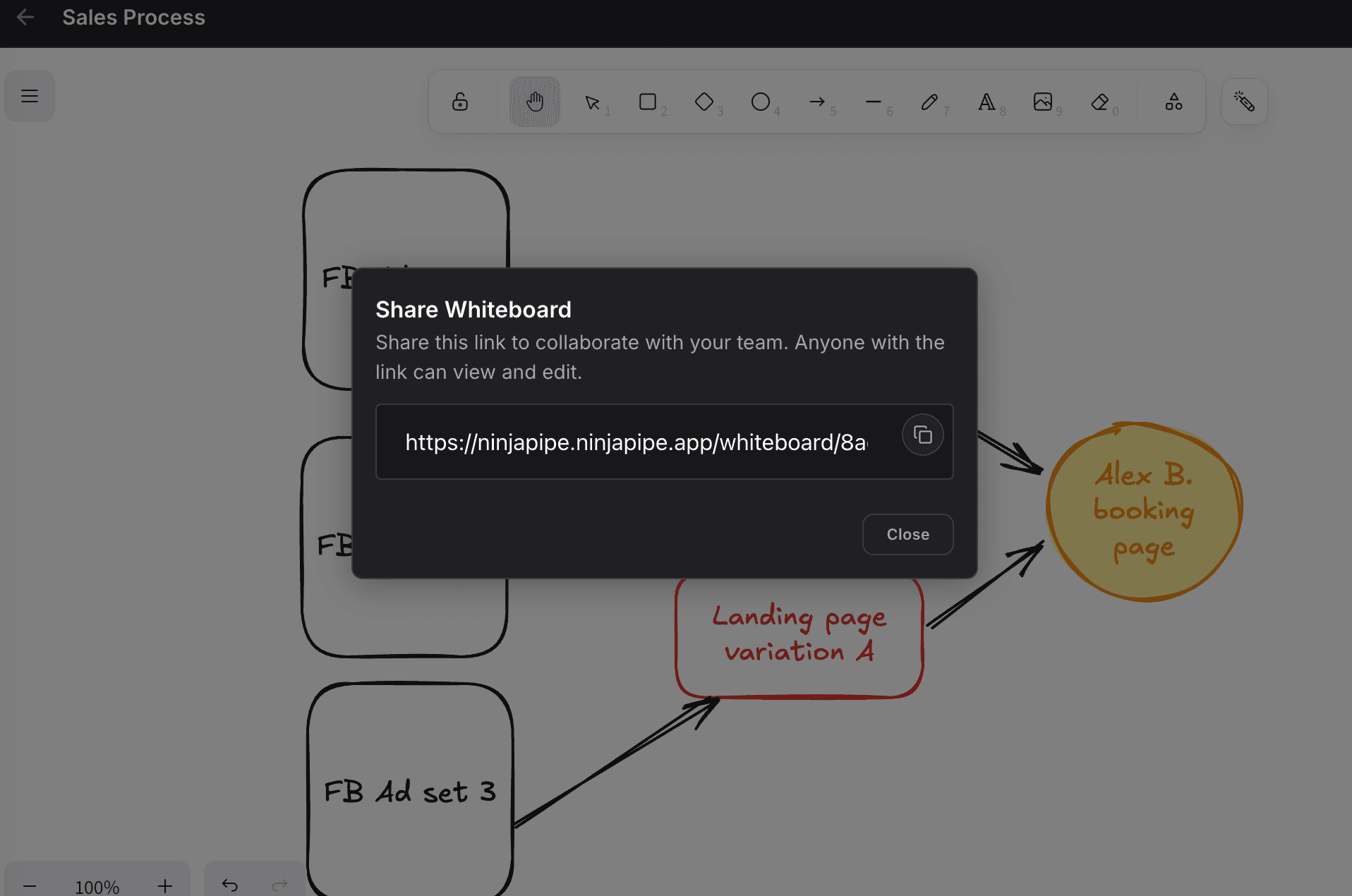 NinjaPipe whiteboard, share and post to chat