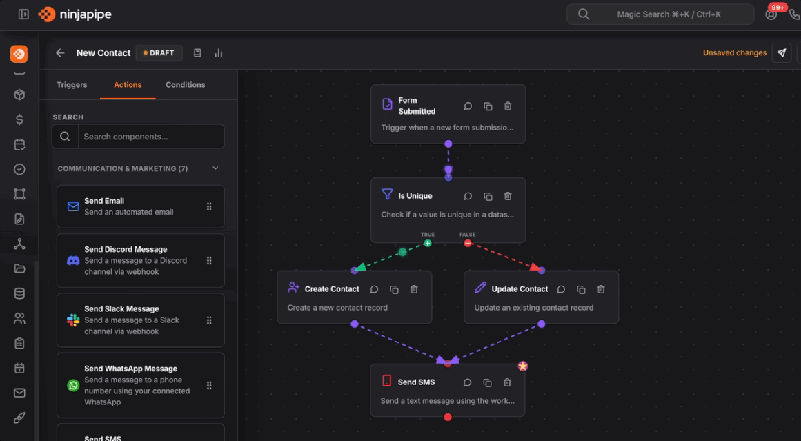 NinjaPipe workflow designer, visual automation builder