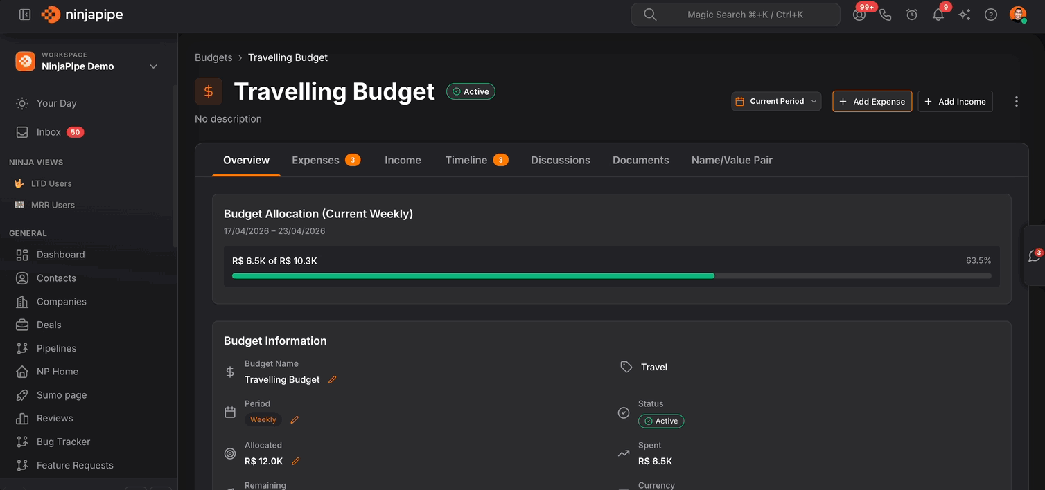 NinjaPipe budget and CRM for nonprofit organizations