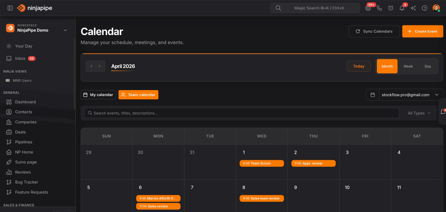 NinjaPipe Calendar, month view with events and sync