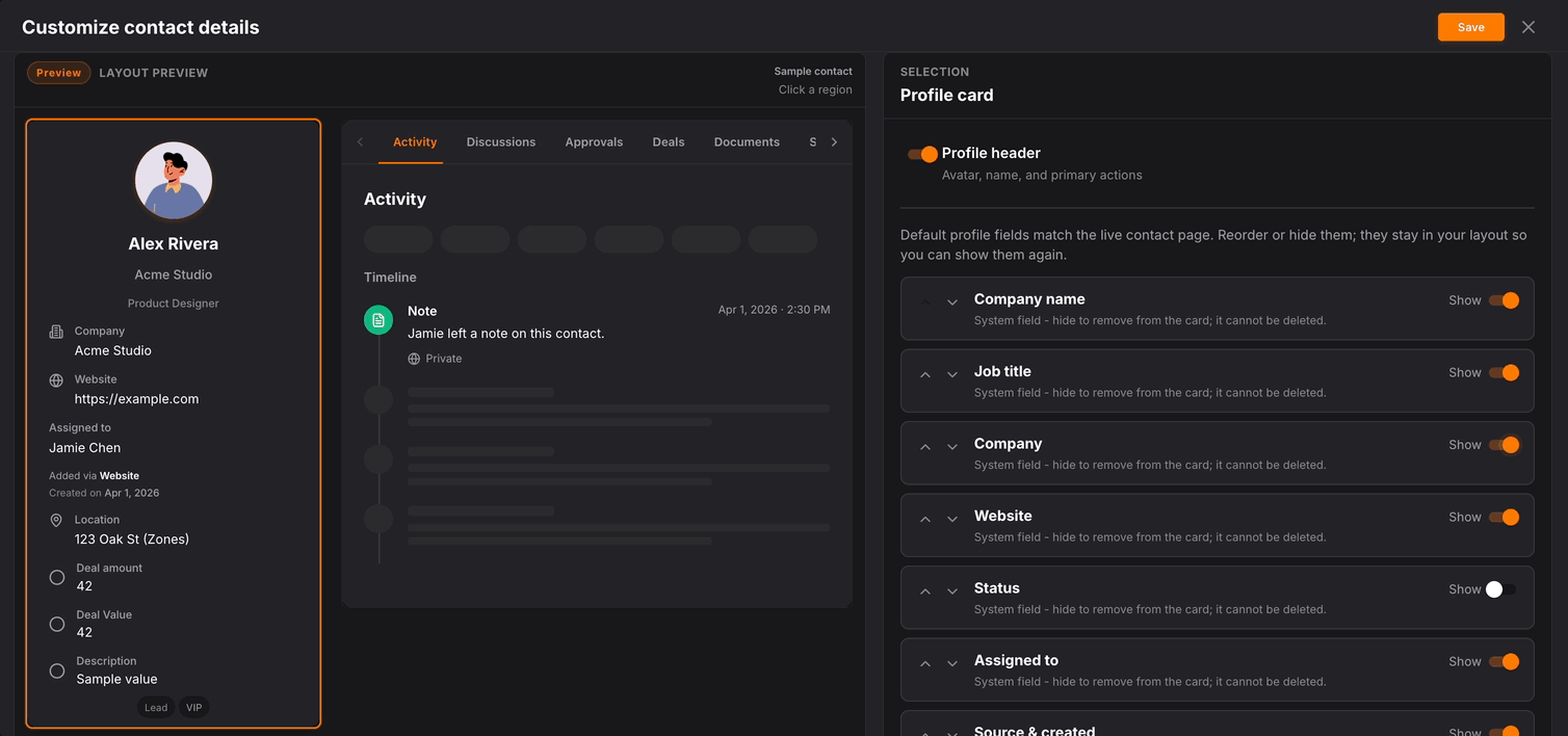 NinjaPipe contacts, list and contact profile