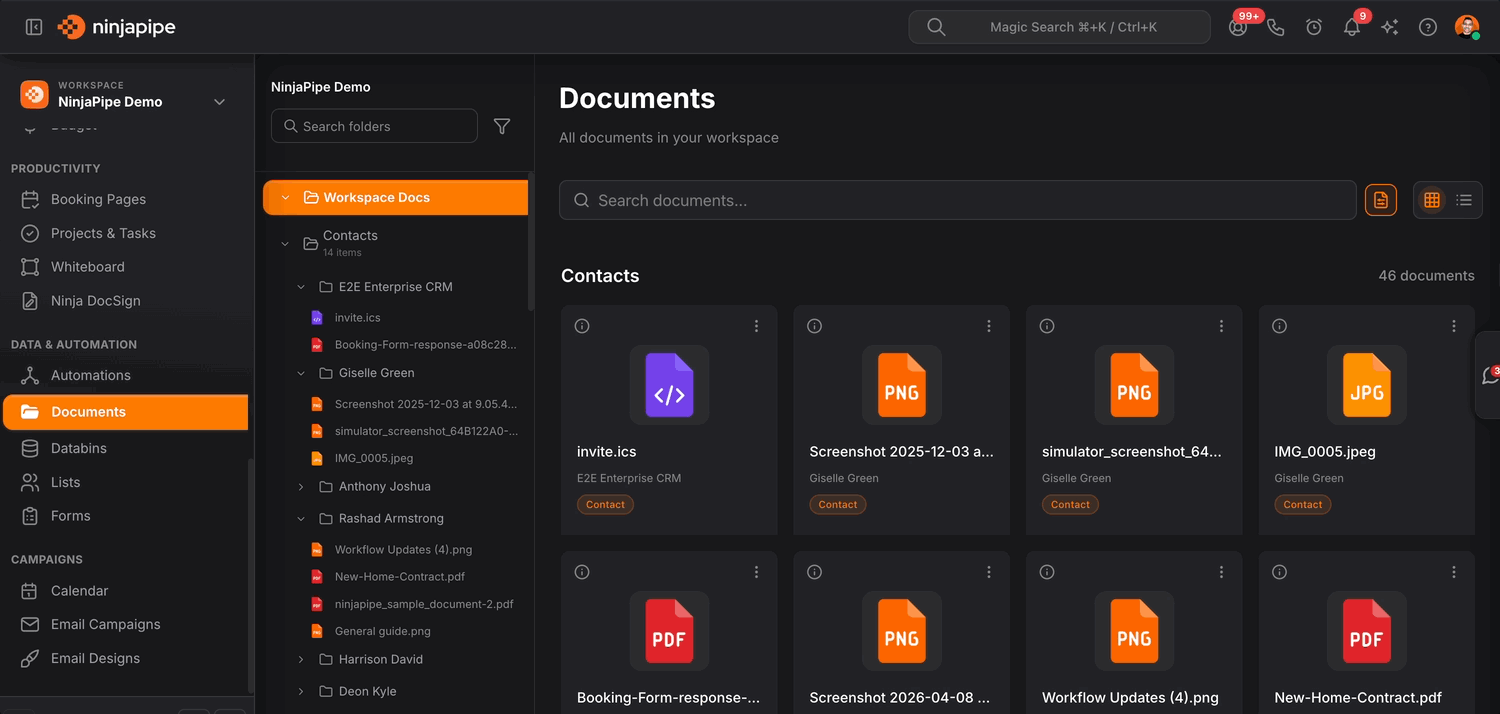 NinjaPipe Documents, workspace file library with categories and filters