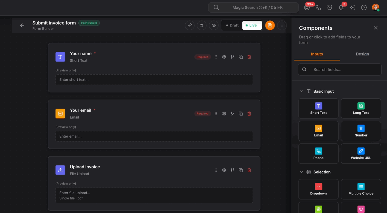 NinjaPipe form designer, drag-and-drop fields and layout