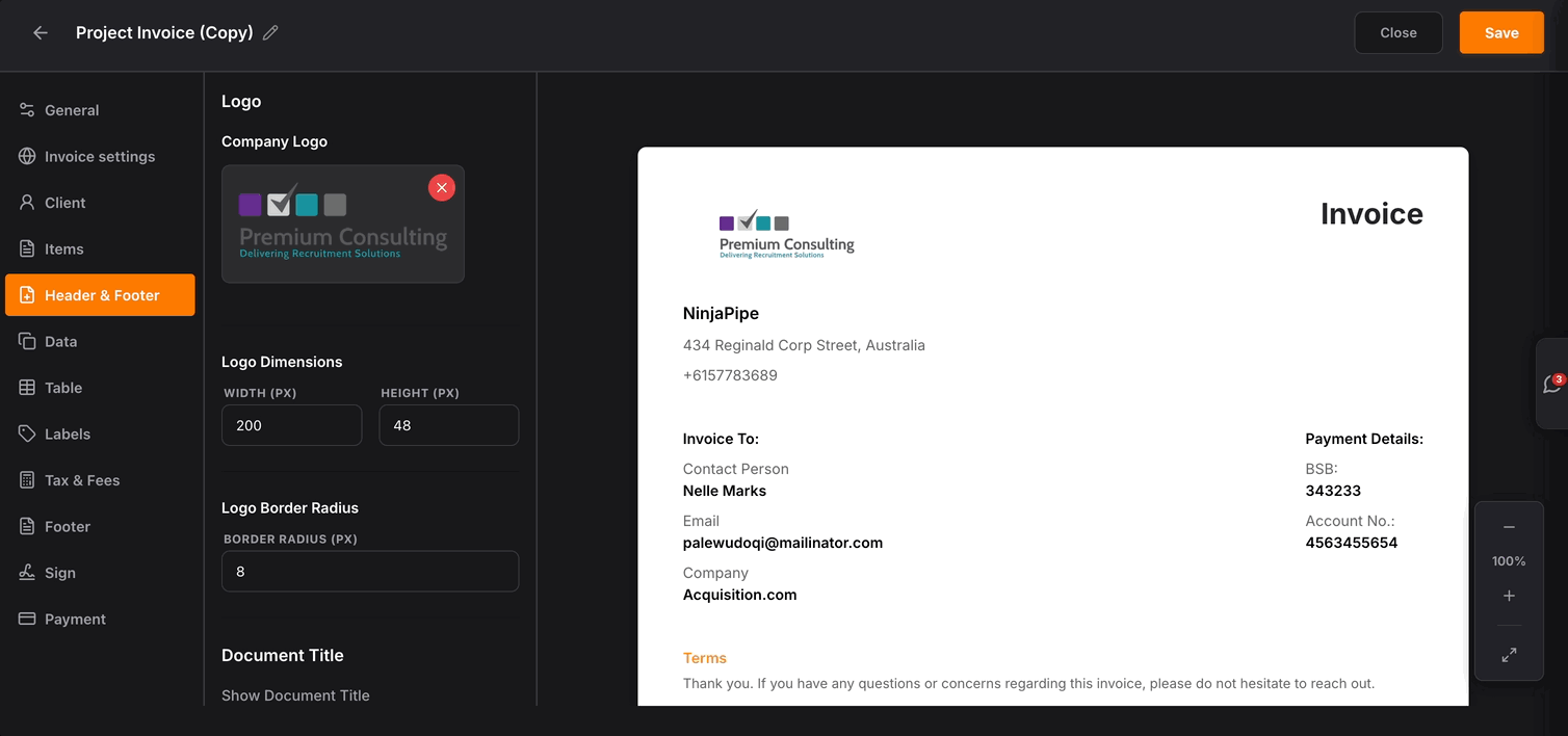 NinjaPipe invoicing, designer preview and invoice list