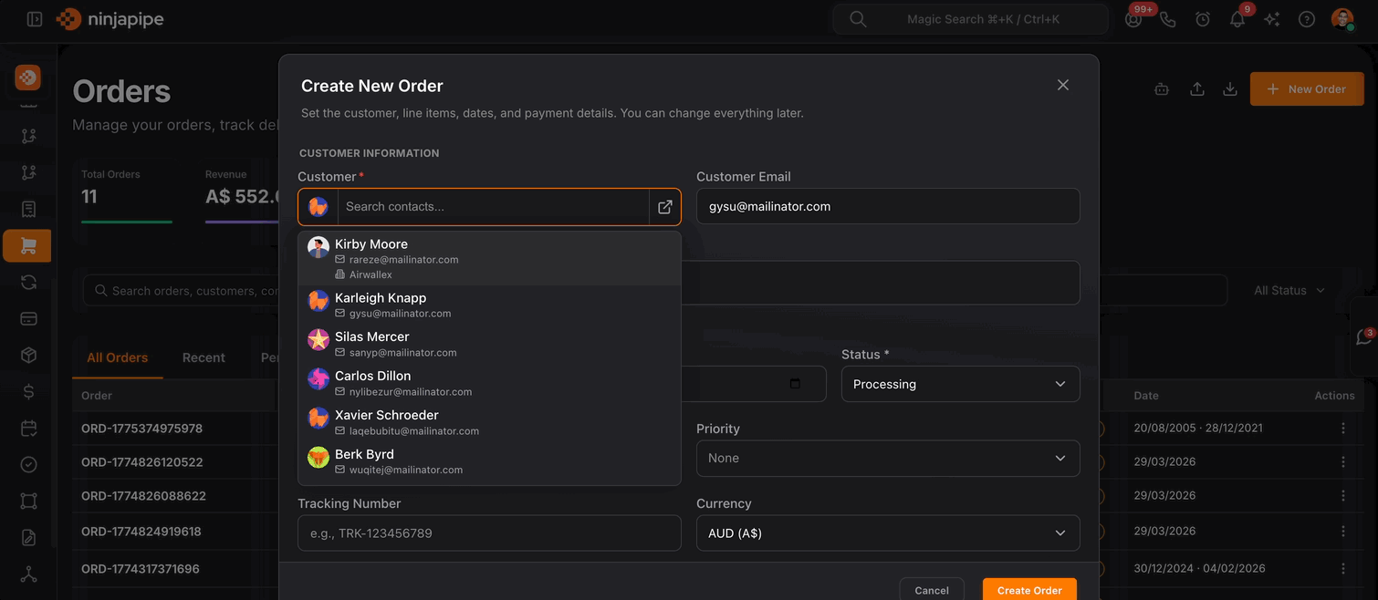 NinjaPipe orders, list, metrics, and order workflow