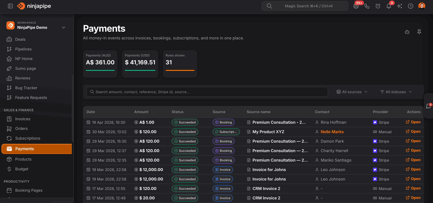 NinjaPipe unified payments, ledger and filters