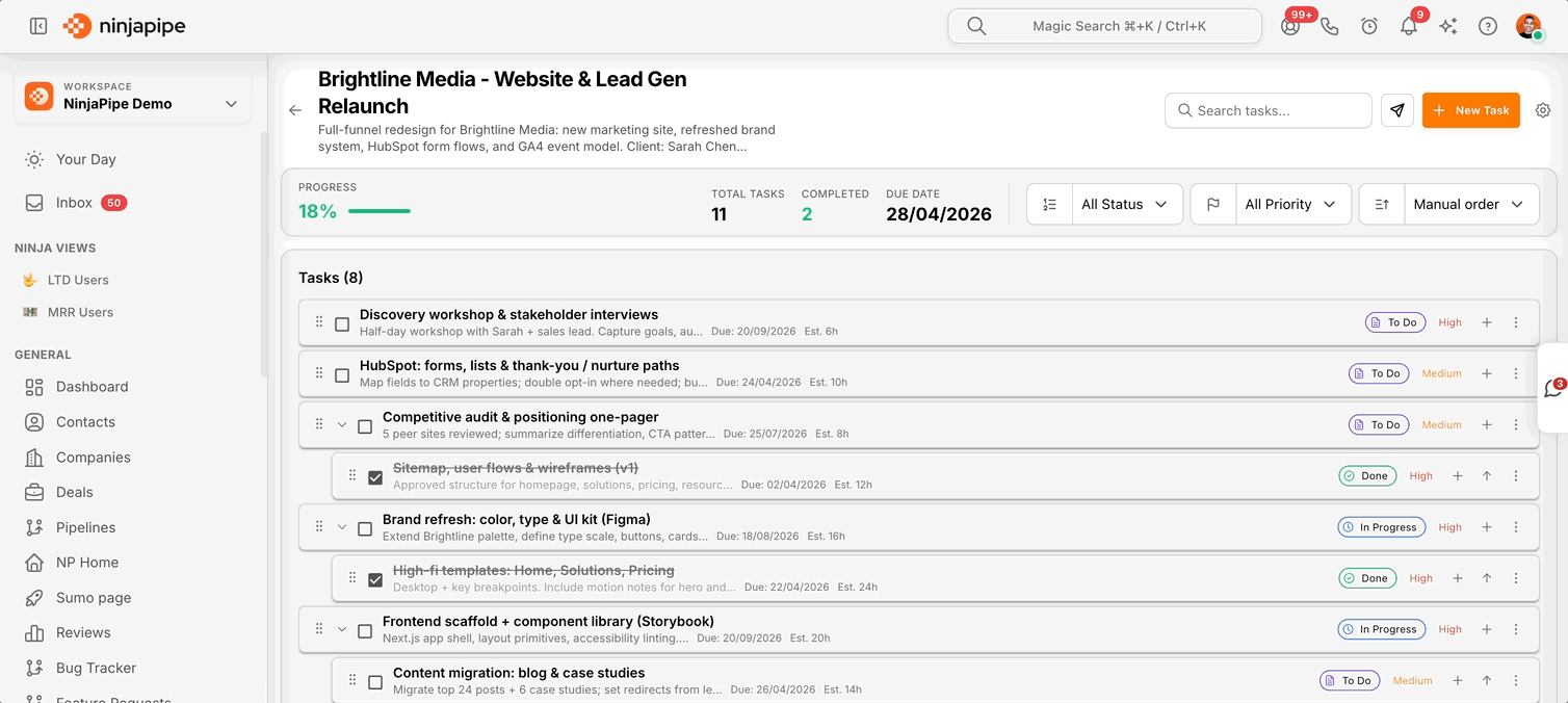 NinjaPipe tasks and boards for project management teams