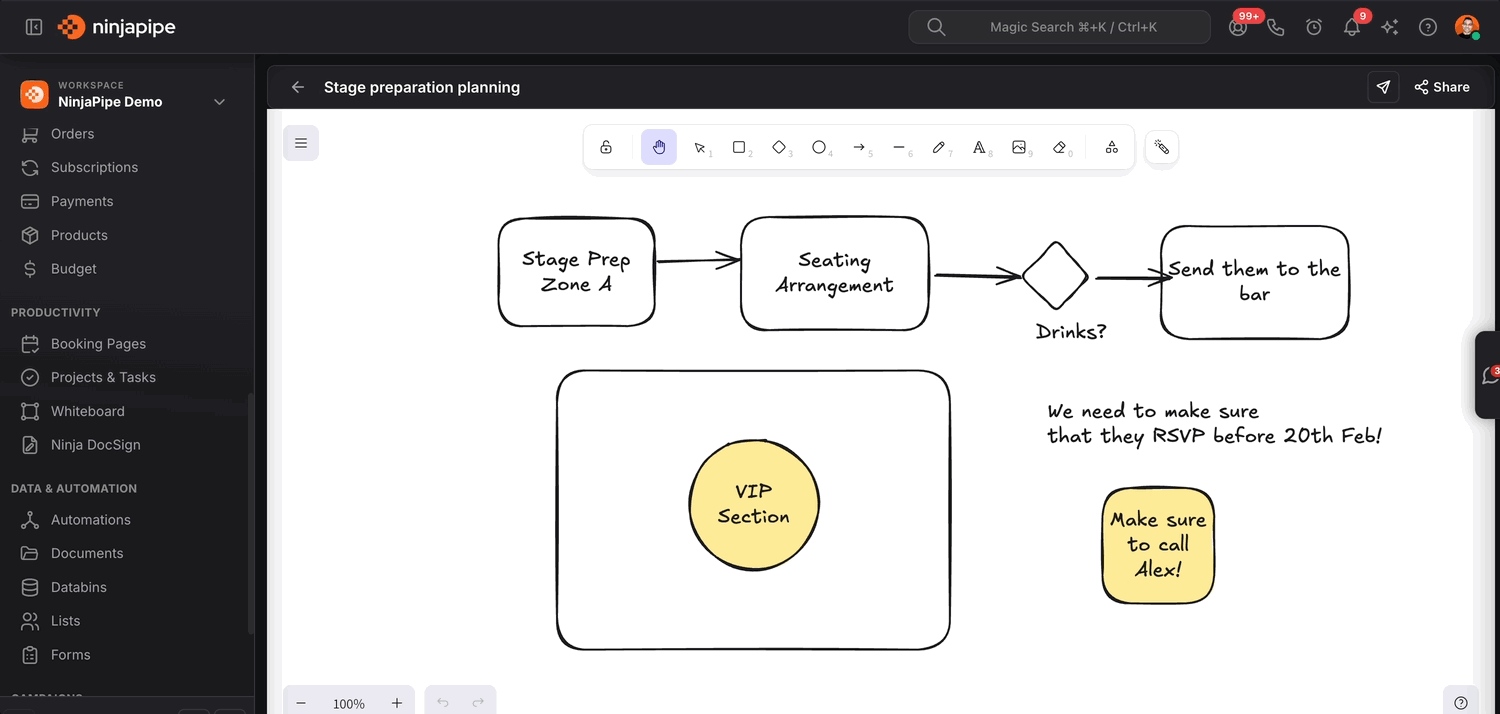 NinjaPipe whiteboard, drawing canvas in the CRM workspace